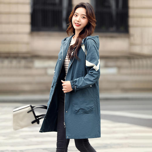 《xwi#春季新品》韩版休闲日常拼接撞色设计连帽收腰显瘦风衣外套女