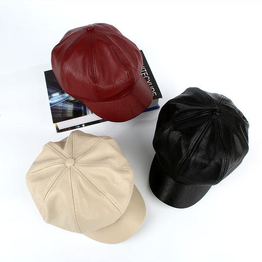HBX-239秋冬新款韩版八角帽子男女百搭PU升级版八角帽画家帽皮帽 商品图1