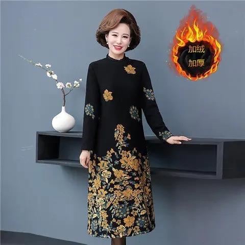 &D035款 复古印花加绒连衣裙 商品图1