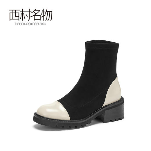 西村名物2020冬季新款短靴女高跟飞织牛皮拼接休闲时装靴X20DS40291 商品图3