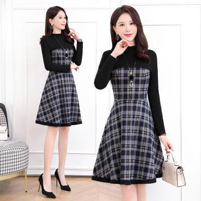 CQ-BLKE0066 2020年秋冬季时尚百搭收腰显瘦圆领拼接色A字裙连衣长袖 商品图0