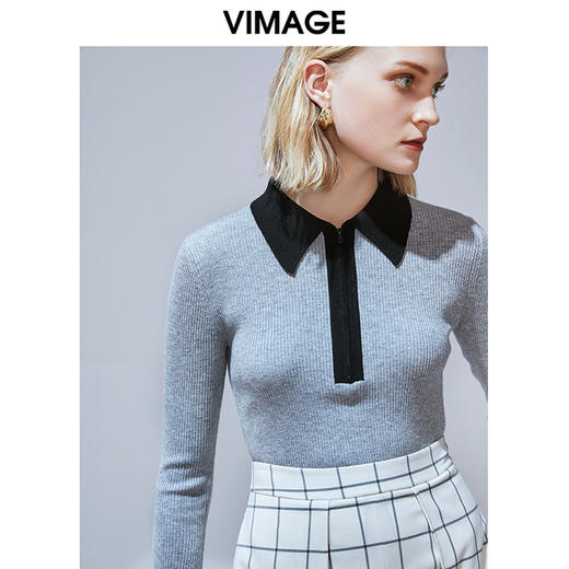 VIMAGE纬漫纪秋季新款气质修身翻领显瘦百搭针织上衣女套头衫V1401015 商品图2