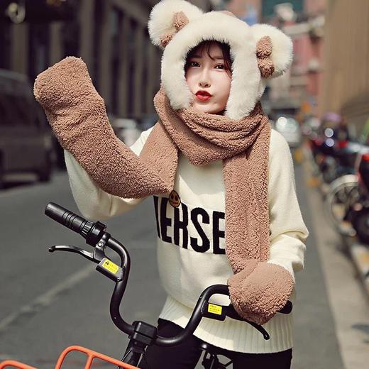 帽子女冬天韩版百搭针织帽可爱保暖儿童帽加绒连帽围巾手套护耳帽 商品图1