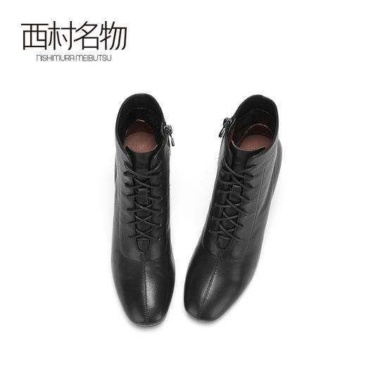 西村名物2020冬季新款短靴女牛皮革中跟轻熟风系带小皮鞋X20DS40891 商品图2