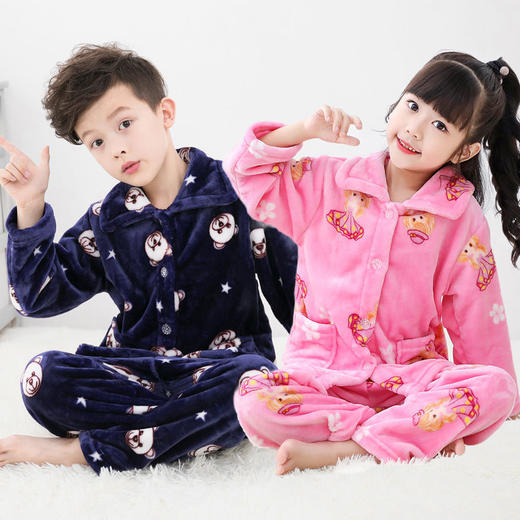 儿童睡衣法兰绒秋冬中大童加厚男童女童长袖宝宝珊瑚绒家居服套装七夕情人节 商品图2