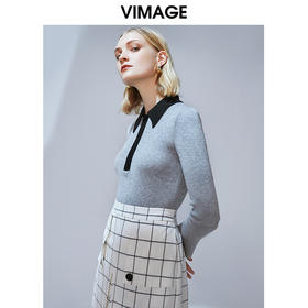 VIMAGE纬漫纪秋季新款气质修身翻领显瘦百搭针织上衣女套头衫V1401015