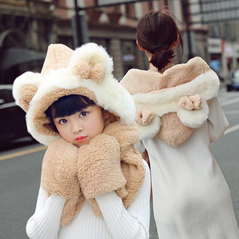 帽子女冬天韩版百搭针织帽可爱保暖儿童帽加绒连帽围巾手套护耳帽