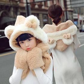 帽子女冬天韩版百搭针织帽可爱保暖儿童帽加绒连帽围巾手套护耳帽