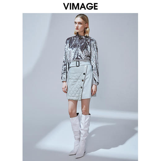 VIMAGE纬漫纪冬季新款时尚休闲夹棉格纹拼接包臀半身裙女裙V1406019 商品图1