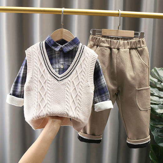 童装男童秋冬套装男宝宝洋气毛衣马甲儿童韩版休闲加厚加绒三件套 商品图1