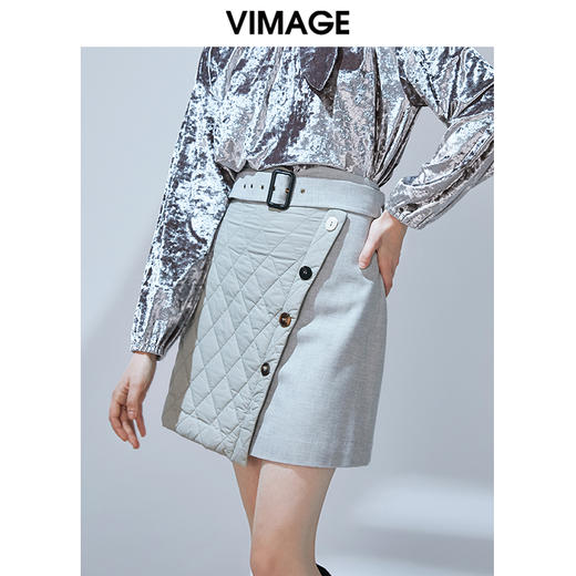 VIMAGE纬漫纪冬季新款时尚休闲夹棉格纹拼接包臀半身裙女裙V1406019 商品图2