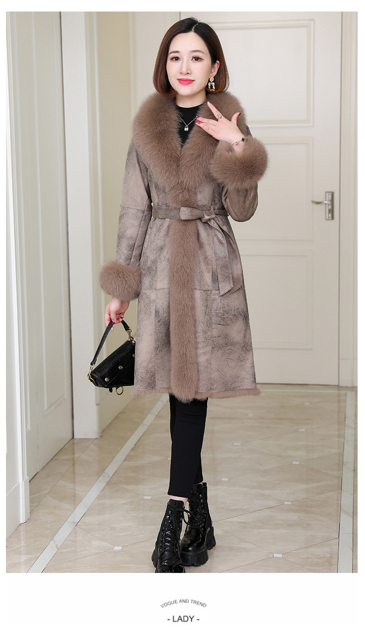 yfn-f2030秋冬新款兔毛一体狐狸毛领中长款大衣气质韩版翻领兔毛皮草