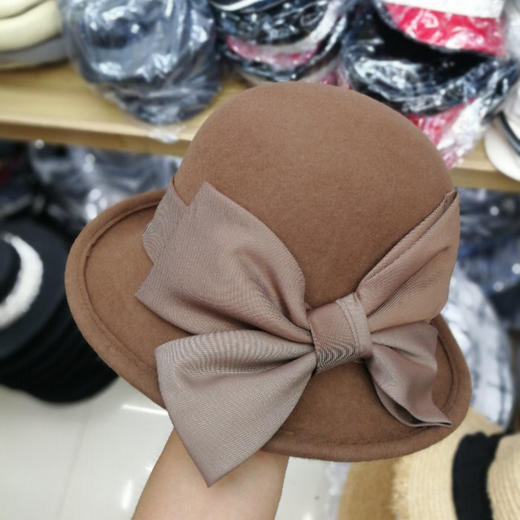 BL-秋冬季羊毛呢女士气质渔夫帽蝴蝶结毛球遮阳帽宴会帽子 商品图2