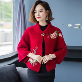 FCY-MB8206新款时尚气质加厚仿貂绒绣花短款斗篷披肩外套