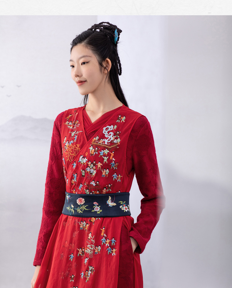 林栖设计小店酒红色汉服交襟v领拼真丝长袖连衣裙长裙