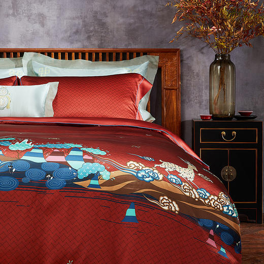 【皇锦】九色鹿·印花酡红色被套三件套 商品图1