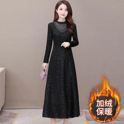weked91359加绒加厚长袖连衣裙女中长款过膝