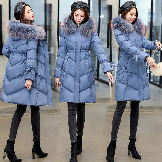 WZNH-YQH6002中长款修身加厚拉链连帽纯色气质大毛领棉衣 商品图0