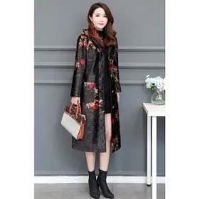 JXG-冬季中长款丝绒棉服风衣外套女民族风印花过膝大衣加绒加厚棉衣潮