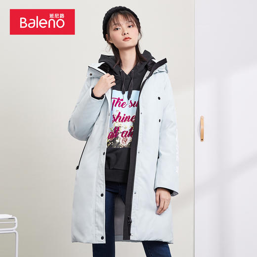 班尼路女装中长款白鹅绒羽绒服加绒加厚保暖连帽外套 商品图1