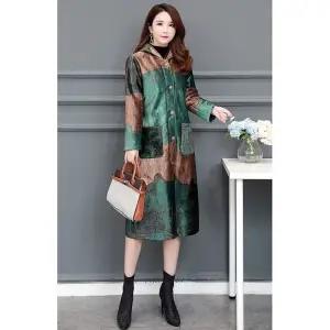 JXG-冬季中长款丝绒棉服风衣外套女民族风印花过膝大衣加绒加厚棉衣潮 商品图1