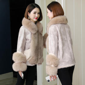 YFN-F2032冬季麂皮绒外套女韩版兔毛内胆皮草翻领狐狸毛领拼接皮草
