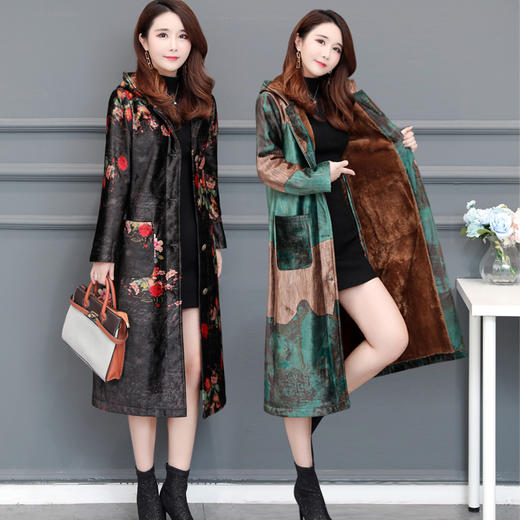 JXG-冬季中长款丝绒棉服风衣外套女民族风印花过膝大衣加绒加厚棉衣潮 商品图2