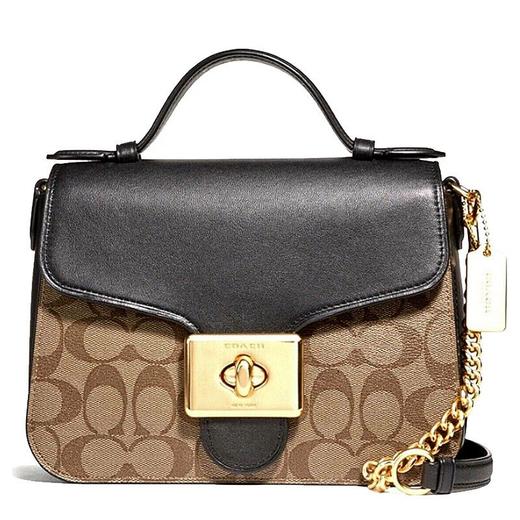 【香港直邮】coach蔻驰老花链条翻盖手提斜跨单肩包f76687卡其黑色 - 