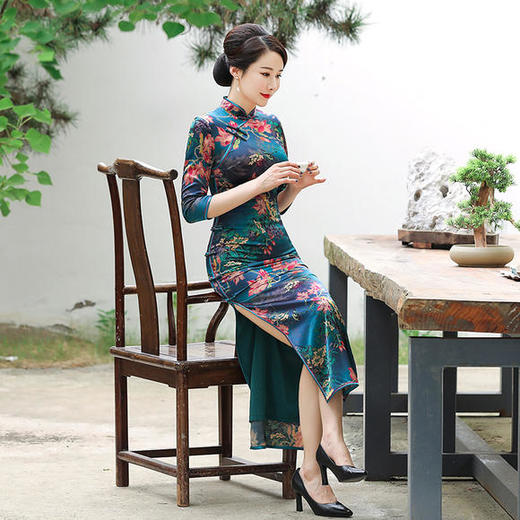 WXG-20568秋冬款真丝高档长款中袖大码桑蚕丝旗袍 商品图4