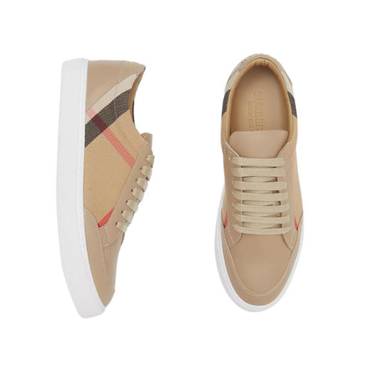 BURBERRY 巴宝莉 女士 House 格纹棉和皮革休闲运动鞋 棕褐色 8024330 A1363 商品图1