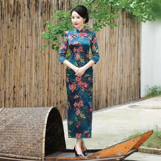 WXG-20568秋冬款真丝高档长款中袖大码桑蚕丝旗袍 商品图0