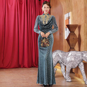 DLQ-A2649新款高端优雅气质修身立领长袖长款丝绒礼服裙