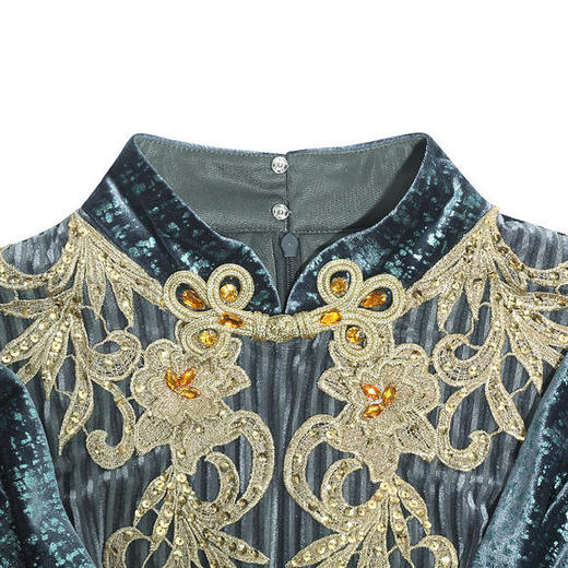 DLQ-A2649新款高端优雅气质修身立领长袖长款丝绒礼服裙 商品图3