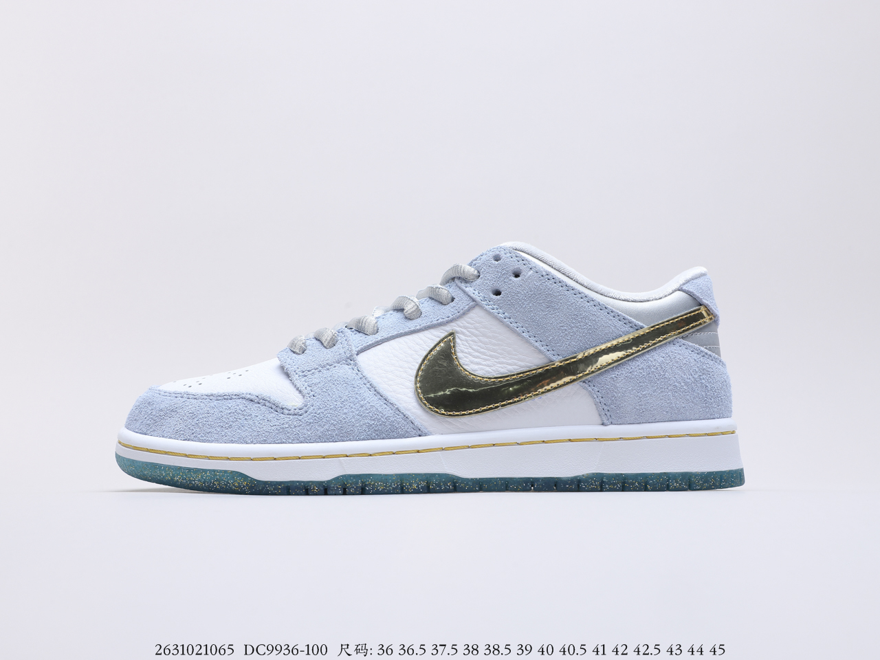 耐克Sean Cliver x Nike SB Dunk Low冰雪奇缘 雪花联名本次采用了液态金色 Swoosh