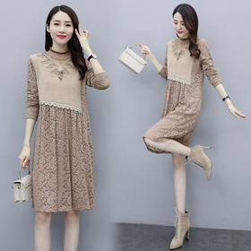 WZNH-AZRN837冬季新款仿貂绒拼蕾丝花边领烫钻加绒打底衫连衣裙