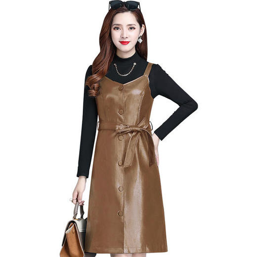 QYM-ZQ-ZSFQ2022-Y新款时尚气质中长款针织打底裙PU皮背带裙两件套 商品图2