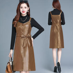 QYM-ZQ-ZSFQ2022-Y新款时尚气质中长款针织打底裙PU皮背带裙两件套