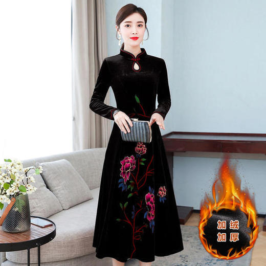 AHM-myf8961改良旗袍加绒加厚金丝绒复古连衣裙 商品图1
