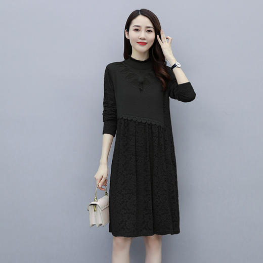 WZNH-AZRN837冬季新款仿貂绒拼蕾丝花边领烫钻加绒打底衫连衣裙 商品图3