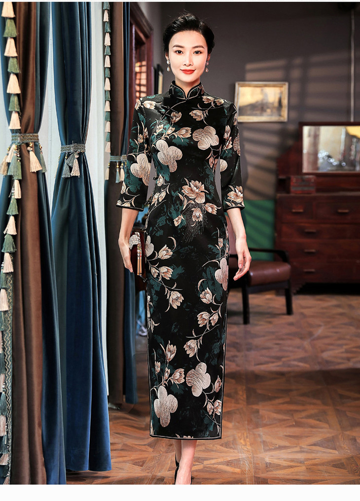 wxg20568长袖真丝旗袍裙桑蚕丝大码旗袍