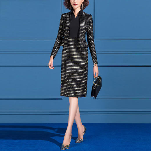 SSGS-42047时尚女神范毛呢套装裙千鸟格小西装裙子两件套 商品图0
