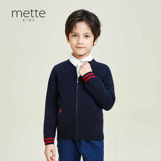 mette羊绒世家童装100%山羊绒开衫外套中大童男宝棒球领针织外套 商品图1