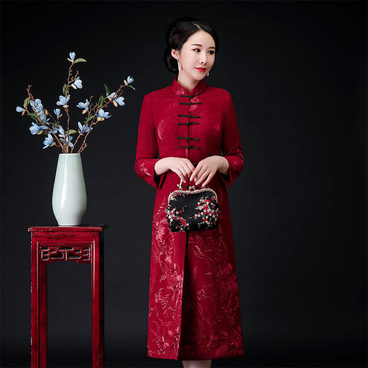 QQ-9808冬装麂皮绒毛领外套女喜婆婆夹棉加厚旗袍裙 商品图2