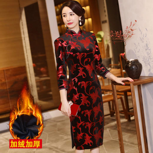 MQ18Q33新款中国风优雅气质立领长袖印花加绒保暖旗袍TZF 商品图0
