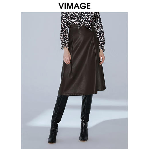VIMAGE纬漫纪品牌女装冬款时尚百搭A摆显瘦高腰PU半身裙V1406023 商品图0