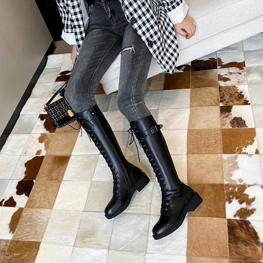 2020秋冬新款阿么allmelody绑带骑士靴显瘦马丁靴长靴