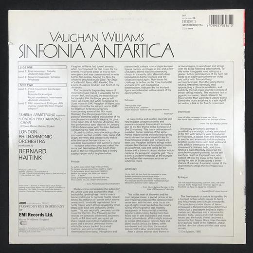 LP黑胶唱片 沃恩·威廉斯《南极交响曲》 伦敦爱乐乐团、伦敦爱乐合唱团 伯纳德·海廷克指挥 女高音：希拉·阿姆斯特朗 商品图1