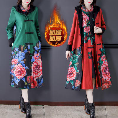 AHM- aswy31032020冬新款加绒加厚连帽复古印花大码外套连衣裙两件套 商品图0