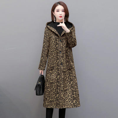 WE-BB20B27 豹纹连帽貂绒大衣女中长款过膝2020秋冬新款修身加厚保暖毛呢外套 商品图1