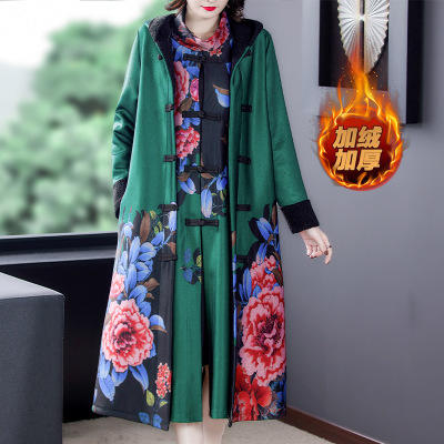 AHM- aswy31032020冬新款加绒加厚连帽复古印花大码外套连衣裙两件套 商品图4